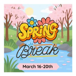 Image of Pink Trees and lake with Spring Break written in the center